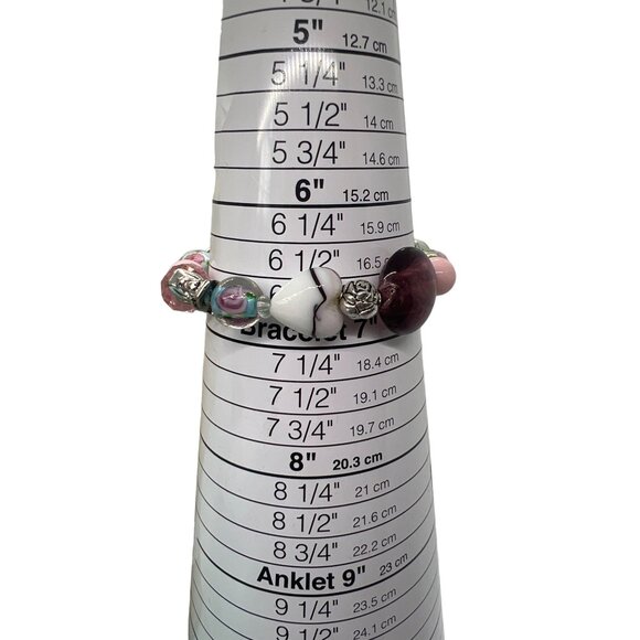 Handcrafted Lampwork Glass Beads Stretch Bracelet Silver Tone Floral Charms - Picture 5 of 5